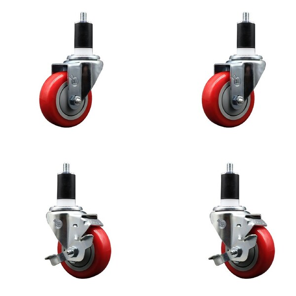 Service Caster 3.5'' Red Poly Wheel Swivel 1-1/2'' Expanding Stem Caster Set 2 Brakes, 4PK SCC-EX20S3514-PPUB-RED-2-TLB-2-112 - main